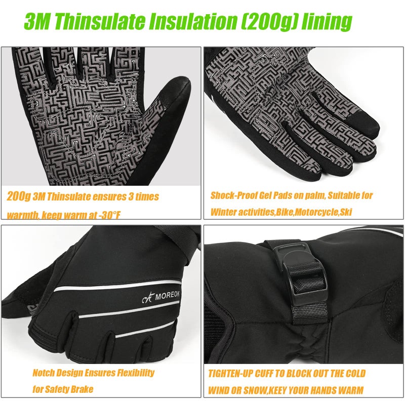 MOREOK Waterproof & Windproof -30Â°F Winter Gloves for Men/Women, 3M Thinsulate Thermal Gloves Touch Screen Warm Gloves for Skiing,Cycling,Motorcycle,Running-Black-S - Image 2